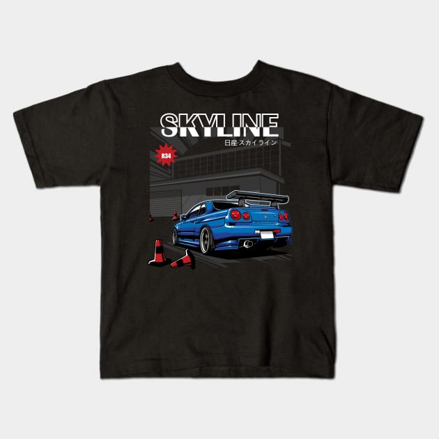 Nissan Skyline R34 Blue Kids T-Shirt by JDMAPEX